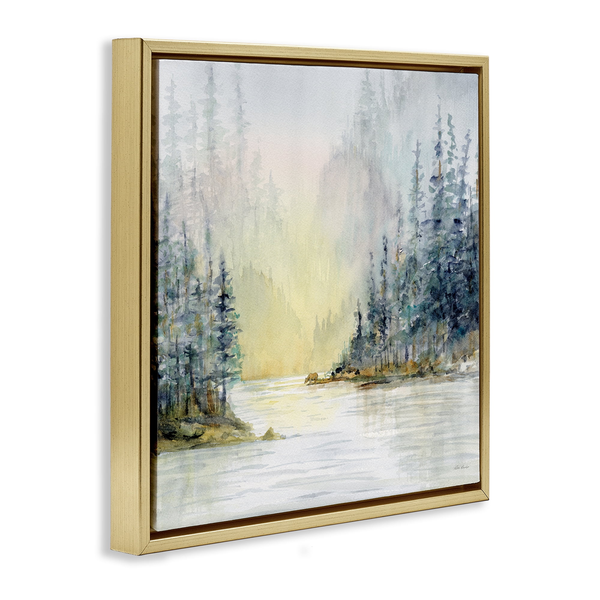 Stupell Industries Winter Woodland Scene Landscape & Nature Painting Gold Floater Framed Canvas Art Print Wall Art, 18 x 18