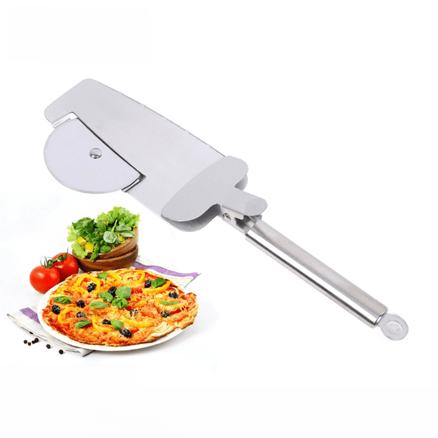 Cuchillo para pizza de acero inoxidable tres en uno, pequeño clip, cuchillo para pizza en forma de bicicleta, cuchillo para cortar pizza, cuchillo con rodillo para pizza