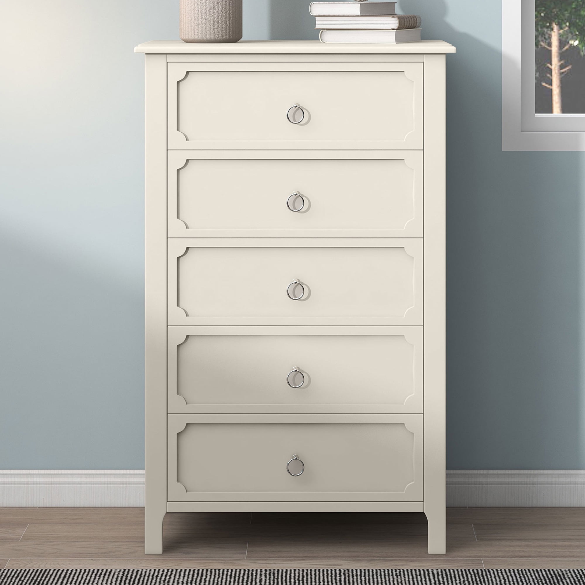 Resenkos Wooden 5 Drawers Chest with Silver Metal Handles for Bedroom Milky White