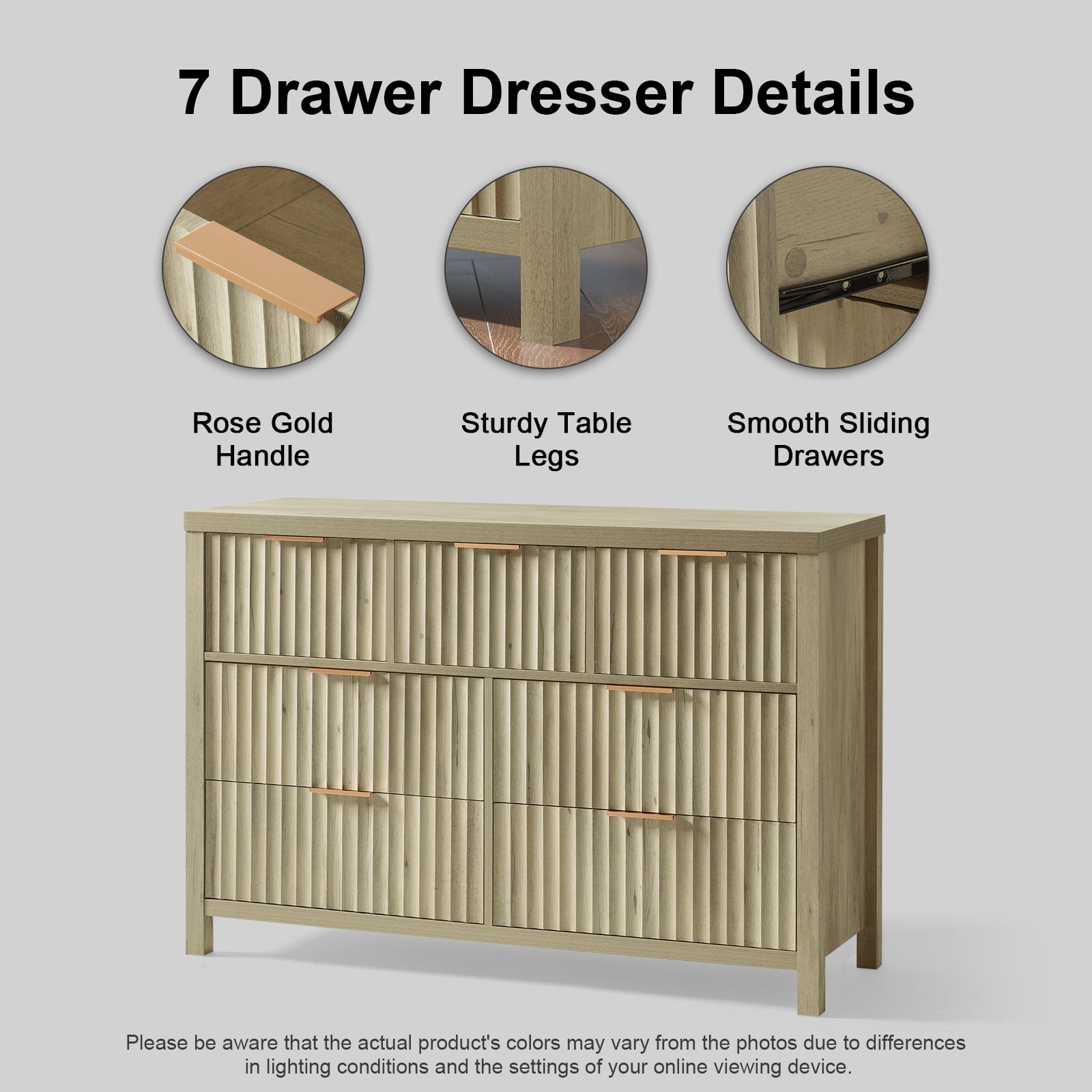 OAKHAM 7 Drawer Dresser, Fluted Wide Chest of Drawers for Bedroom Living Room, Sunwashed Ash Oak