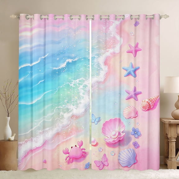 Manfei Blue Ocean Waves Kitchen Curtains,Pink Sand Black Out Curtains Pack of 2 (42x63 Each)