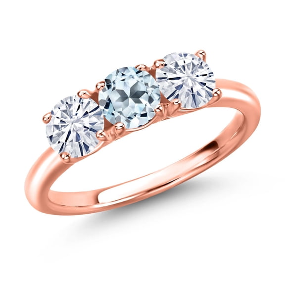 Gem Stone King 18K Rose Gold Plated Silver Sky Blue Topaz and White Moissanite Engagement Ring for Women | 1.70 Cttw | Round 5MM | Gemstone November Birthstone | Size 5
