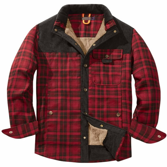 zanvin Mens Sherpa Lined Fleece Flannel Shirt Jacket Plaid Sweatshirt Thermal Button Up Winter Work Coat Outwear,Red,M