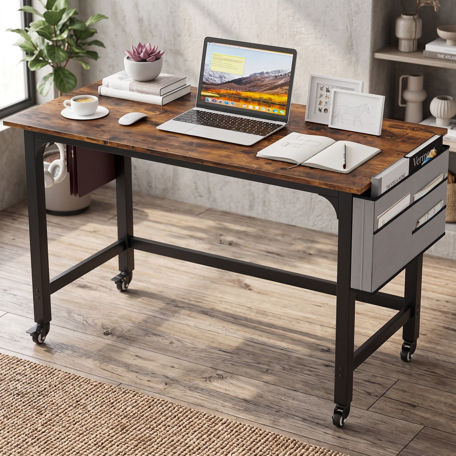 Furnibear Rolling Computer Desk Home Office Desk with Detachable Fabric Bag and Wheels, Mobile Writing Desk with Metal Frame, Rustic Brown