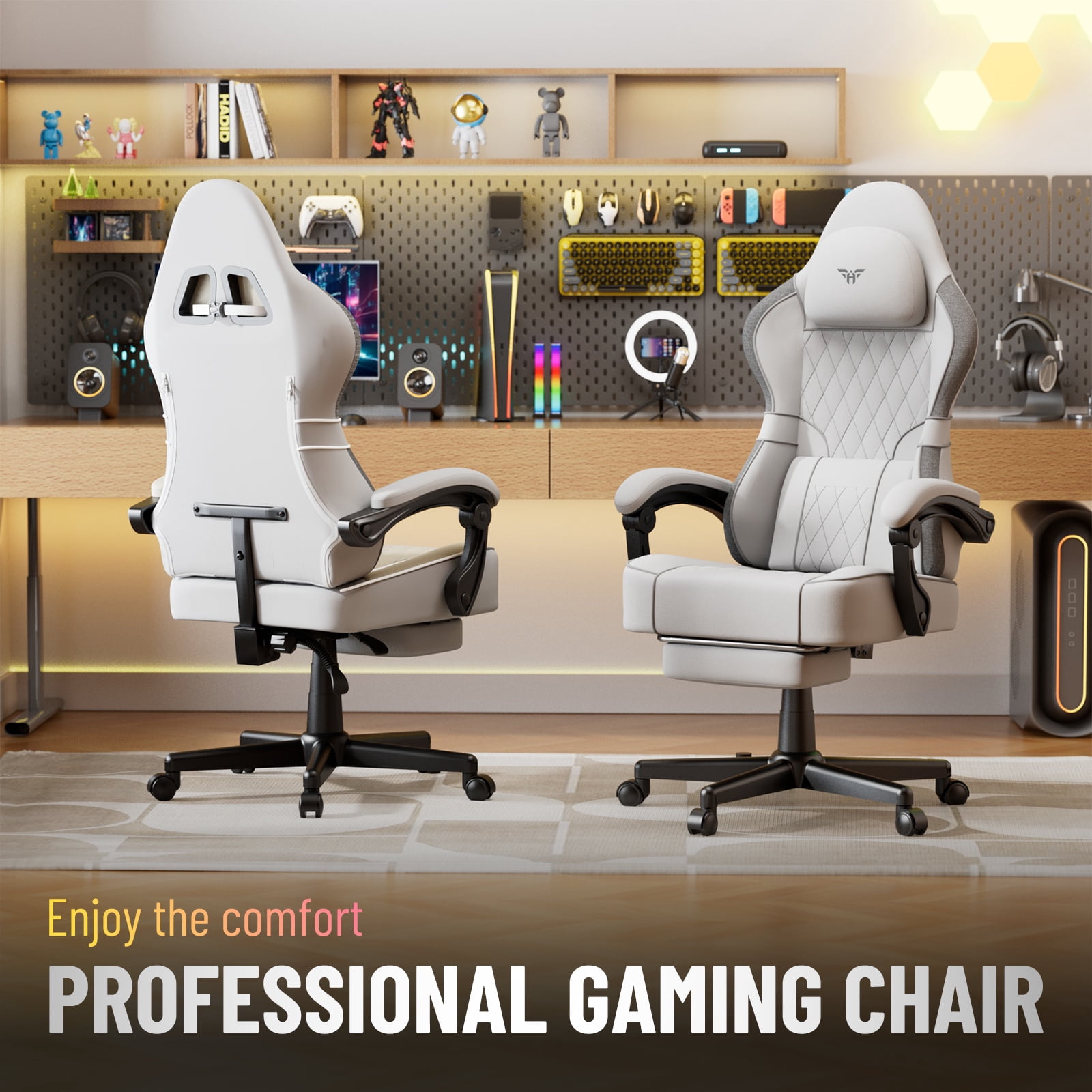 SOONTRANS Gaming Chair for Adult, Linen Fabric Racing Office Computer Desk Chair, Ergonomic Gamer Chair for Adult, High Back Comfortable Video Game Chair with Footrest Massage Lumbar Cushion, White