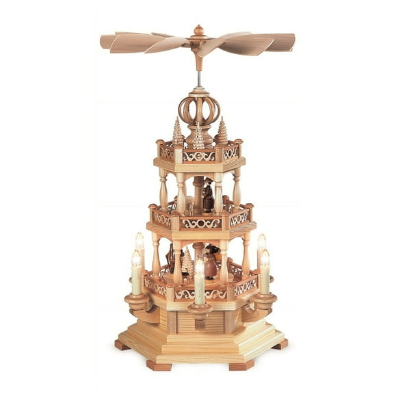 German christmas pyramid arch Forest scene, 2-tier, height 50 cm / 20 inch, electrical illuminated and driven (120V, 50Hz for USA and Japan), natural, original Erzgebirge by Müller Seiffen