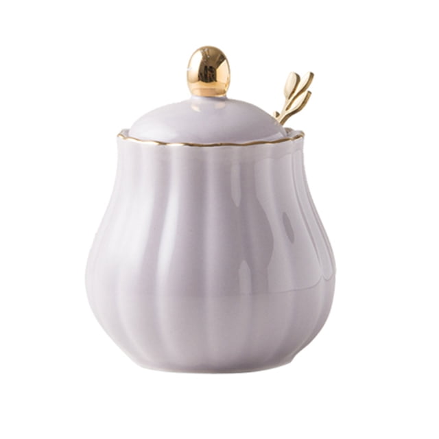 Sugar Bowl With Lid And Spoon, Ceramic Sugar Storage Jar, Porcelain Sugar Pot-Purple-300ml