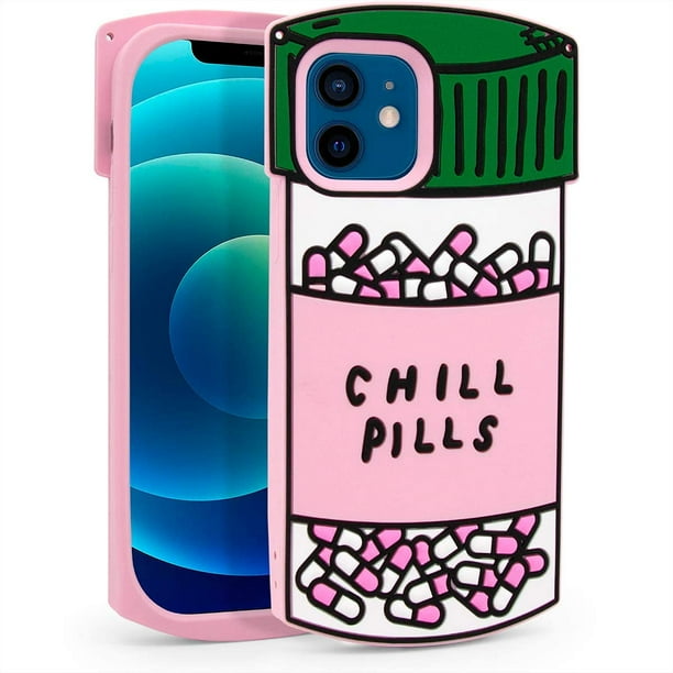 Lindo estuche para iPhone, Funny Chill Pills Capsule Bottle 3D Cartoon Soft Silicone Rubber Protección completa a prueba de golpes para niños, niñas, mujeres y damas Adepaton HMHZ510-4