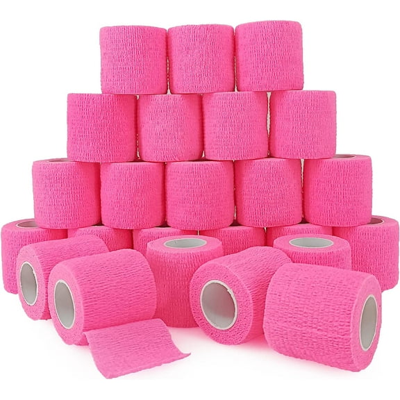 24 Rolls Pink Elastic Self Adhesive Bandage Wrap, Breathable Flexible Fabric Non Woven Cohesive Bandage, Ankle Sprains Swelling Medical First Aid Sports Athletic Tape, Dogs Pet Vet Wrap 2” x 5 Yards.