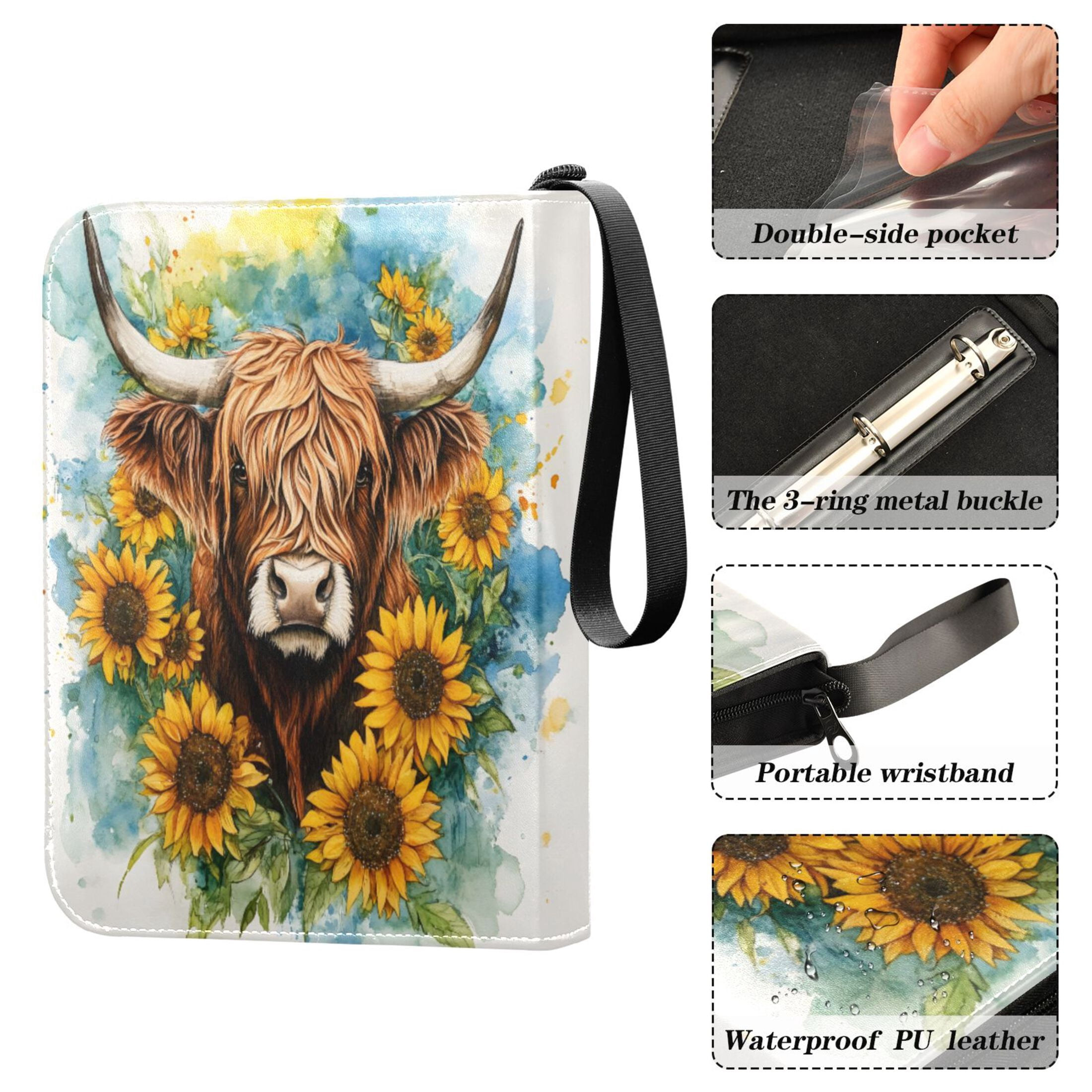 ALAZA Watercolor Highland Cattle Trading Card Binder 4 Pocket Cards Collection Album 400 Folder Holder