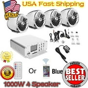 All-In-One Waterproof Bluetooth Motorcycle Stereo Speakers 7/8-1.25 in. Handlebar Mount MP3 Music Player Sound Audio System Scooter ATV UTV w/USB, Remote, Radio, Amplifier