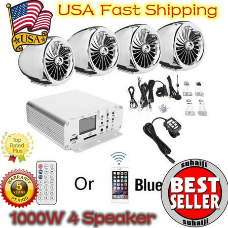 All-In-One Waterproof Bluetooth Motorcycle Stereo Speakers 7/8-1.25 in. Handlebar Mount MP3 Music Player Sound Audio System Scooter ATV UTV w/USB, Remote, Radio, Amplifier