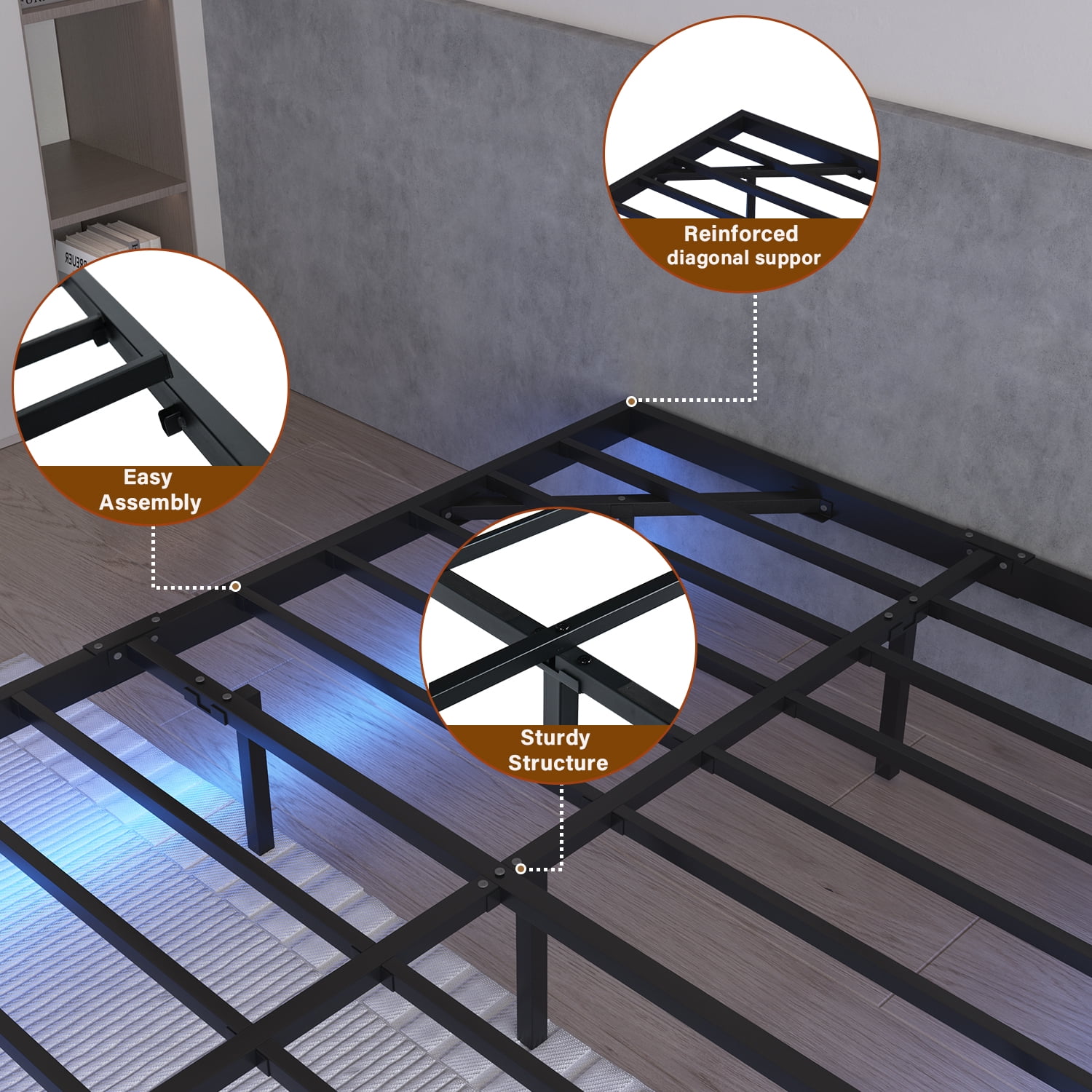 4 EVER WINNER Floating Bed Frame, King Size Metal Platform Bed with LED Lights, No Box Spring Needed, Black
