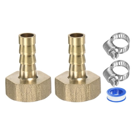 Uxcell 2-Pack Brass Hose Barb Fittings 8mm x G3/8 Female Adapter Hose Connector with Stainless Steel Hose Clamp & Tape