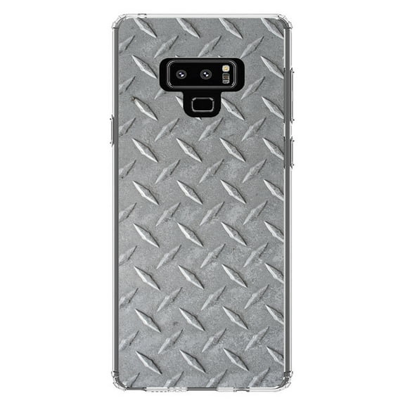 DistinctInk Clear Shockproof Hybrid Case for Samsung Galaxy Note 9 - TPU Bumper, Acrylic Back, Tempered Glass Screen Protector - Grey Diamond Plate Steel Image - Printed Diamond Plate Image
