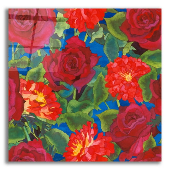 Epic Art 'Dance Of Love- Roses & Zinnias' by Carissa Luminess, Acrylic Glass Wall Art, 12"x12"