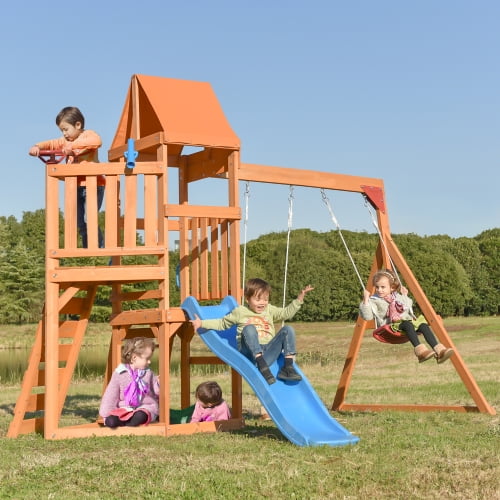 CLEARANCE! Wooden Swing Set with Slide, Climbing wall, Sandbox and Wood Roof, Outdoor Playhouse