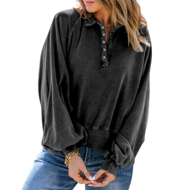 Blusa de mujer de manga larga con cuello vuelto y botones, blusa de corte informal para mujer a la moda, negro L