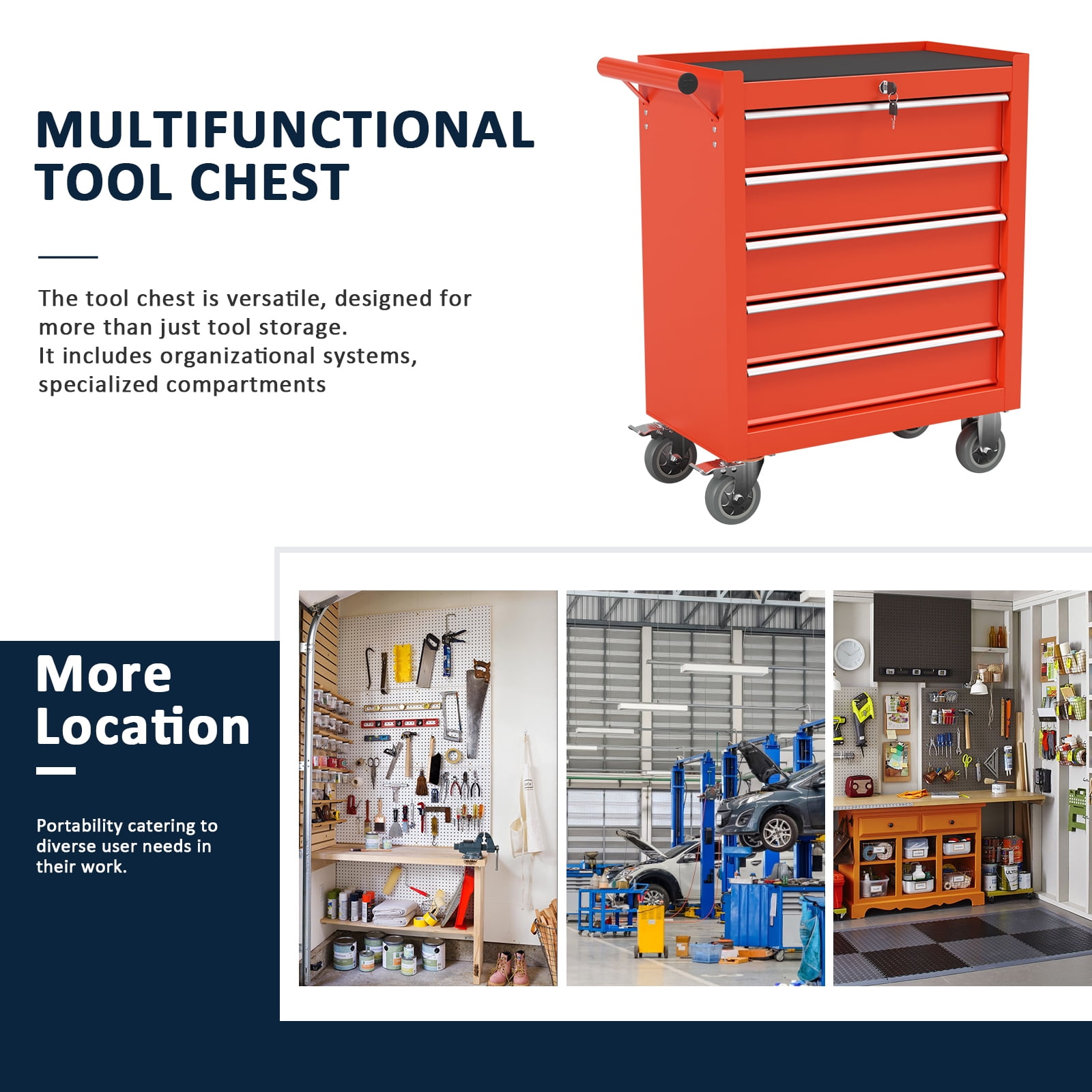 Odaof, 52.8 lb, 24.4-Inch Steel 5-Drawer Rolling Tool Chest Red