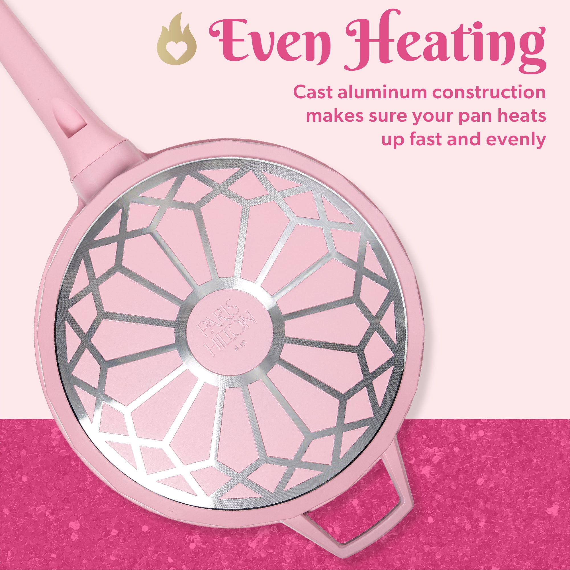 Paris Hilton 4 Quart Ceramic Nonstick Jumbo Cooking Pan Skillet for Sauteing & Frying with Heart Shaped Lid Knobs, Pink