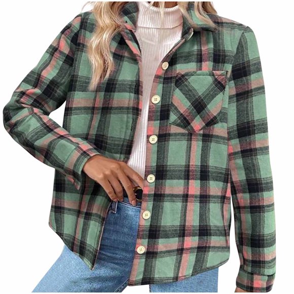 JGGSPWM Womens Plus Size Flannel Plaid Shirts Classic Fit Long Sleeve Casual Collared Button Down Shirt Loose Blouse Top Green M