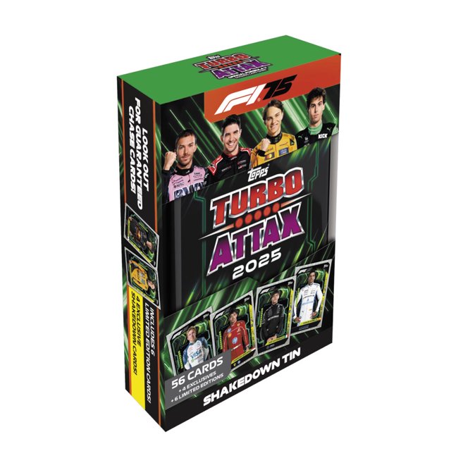 2025 Topps Turbo Attax Formula 1 Cards - Shake Down Mega Tin (66 Cards + 6 LE & 4 EXCLUSIVES)