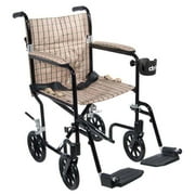 Flyweight Lightweight Folding Transport Wheelchair, 19", Black Frame, Tan Plaid Upholstery-Color:Silver,Size:17" Seat