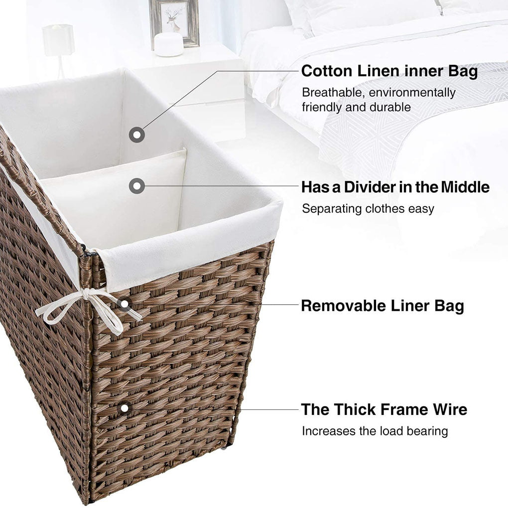 Synthetic Rattan Handwoven Clothes Laundry Hamper with Lid and Handles Foldable and Easy to Install Greenstell Laundry Basket with Wheels and 2 Removable Liner Bags Black Standard Size 
