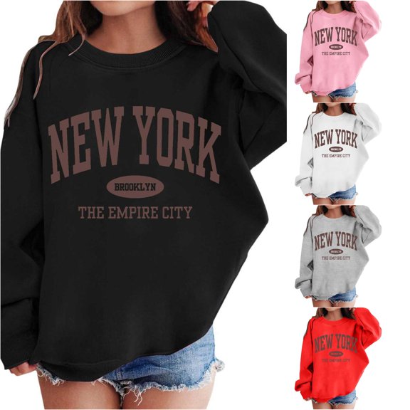 Krdevn Kids Vintage New York Letter Graphic Drop Shoulder Crew Neck Soft Casual Pullover Sweatshirt,4-5 Years