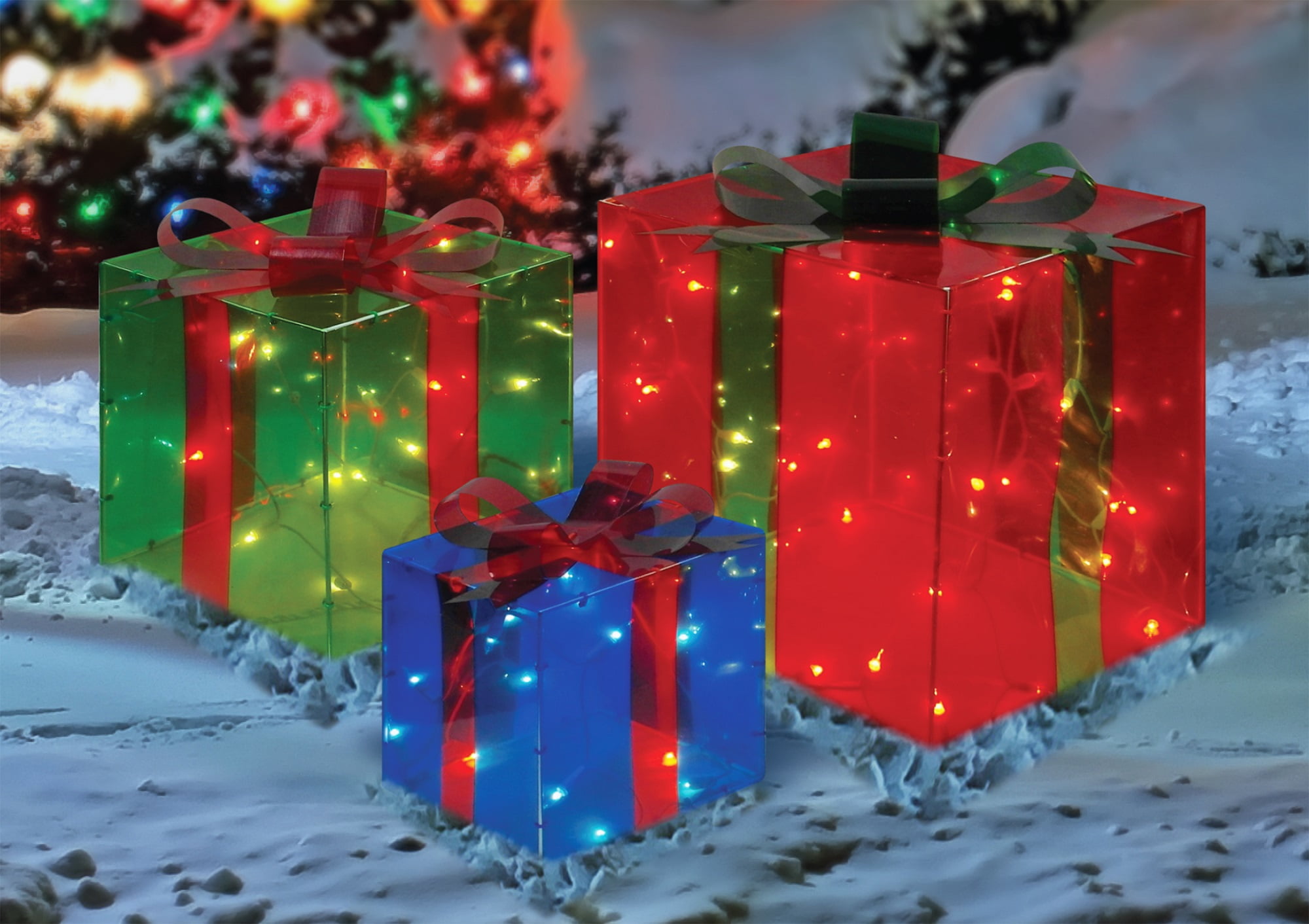 Set of 3 Lighted Red, Green and Blue Gift Box Christmas Outdoor
