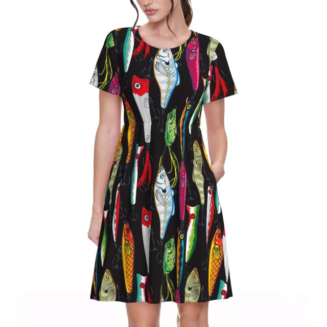 Disketp Colorful Fishing Lures para Vestido de Manga Corta para Mujeres, Vestidos de Verano para Mujeres, Casual y Holgado para la Playa