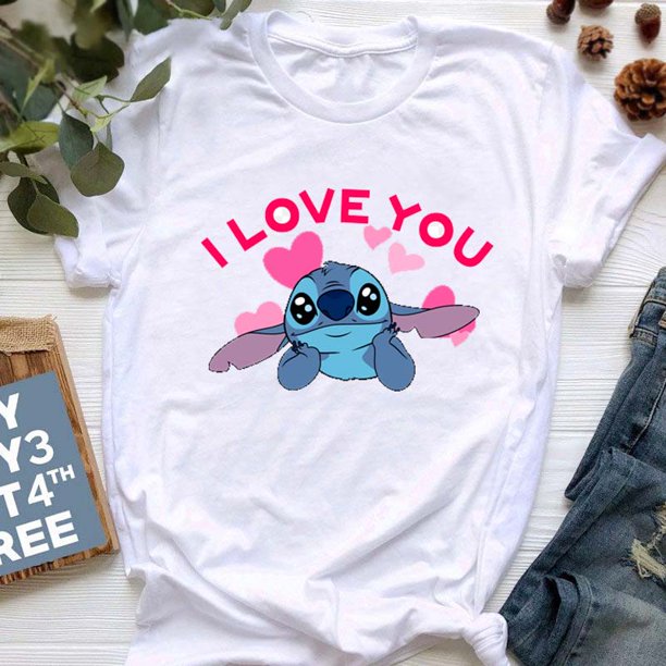 Kawaii Disney Lilo Stitch T Shirt Women Summer Tops Cartoon Stitch Heart Graphic Tees Cute Disney Anime T-shirt Female TshirtXS Gao Jinjia LED