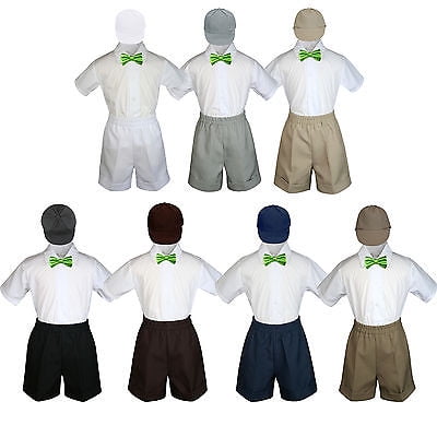 

4pc Set Boy Toddler Formal Lime Bow Tie White Navy Khaki Shorts + Hat S-4T