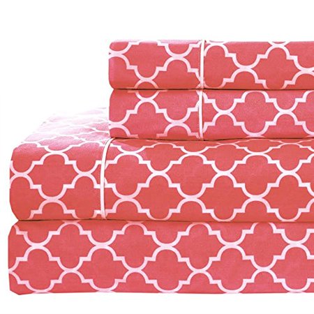 California Life Coral (California King size- Coral Printed Meridian 100% Cotton Percale 4pc Sheet set- Modern Reactive)