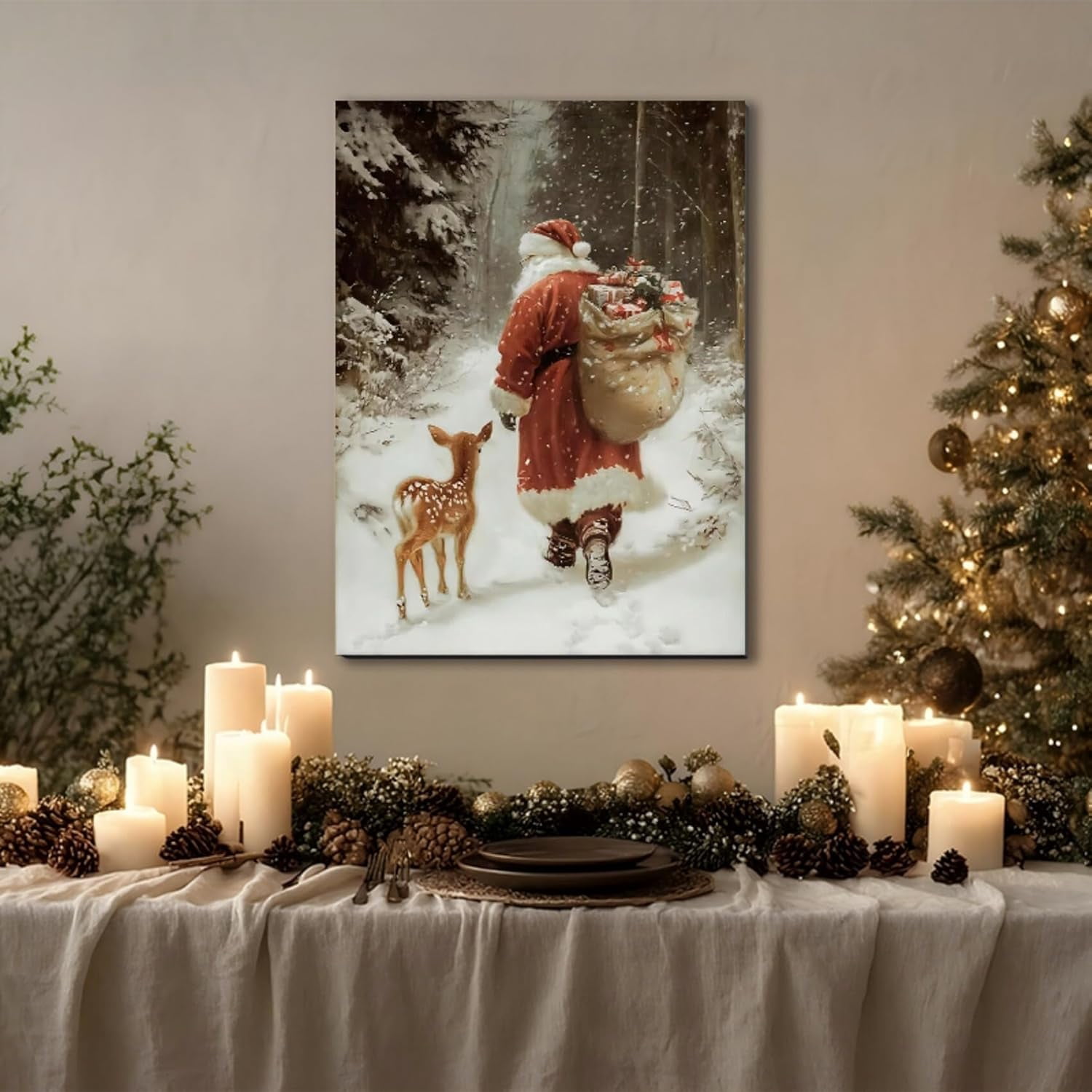 Christmas Wall Art, Santa Claus & Deer Canvas Prints, Christmas Pictures Wall Decor for Living Room & Bathroom, Holiday Painting for Bedroom Party Winter Cottage Artworks Gifts