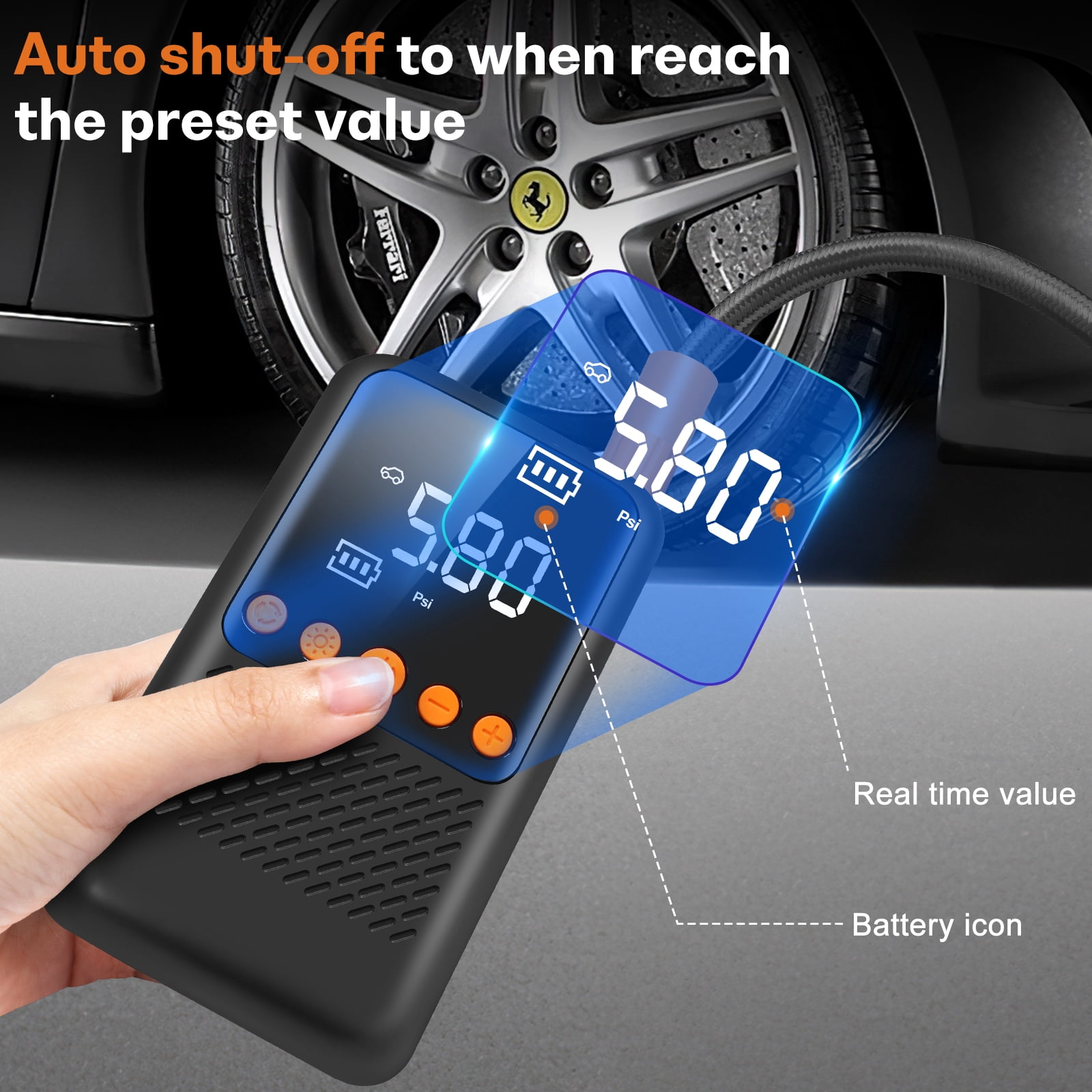 RONY Portable Cordless Tire Inflator with Auto Shutoff Digital Pressure Gauge - Electric Air Pump for Car Tire Bike Ball - 150 PSI Car Tire Pump with 4 Nozzles