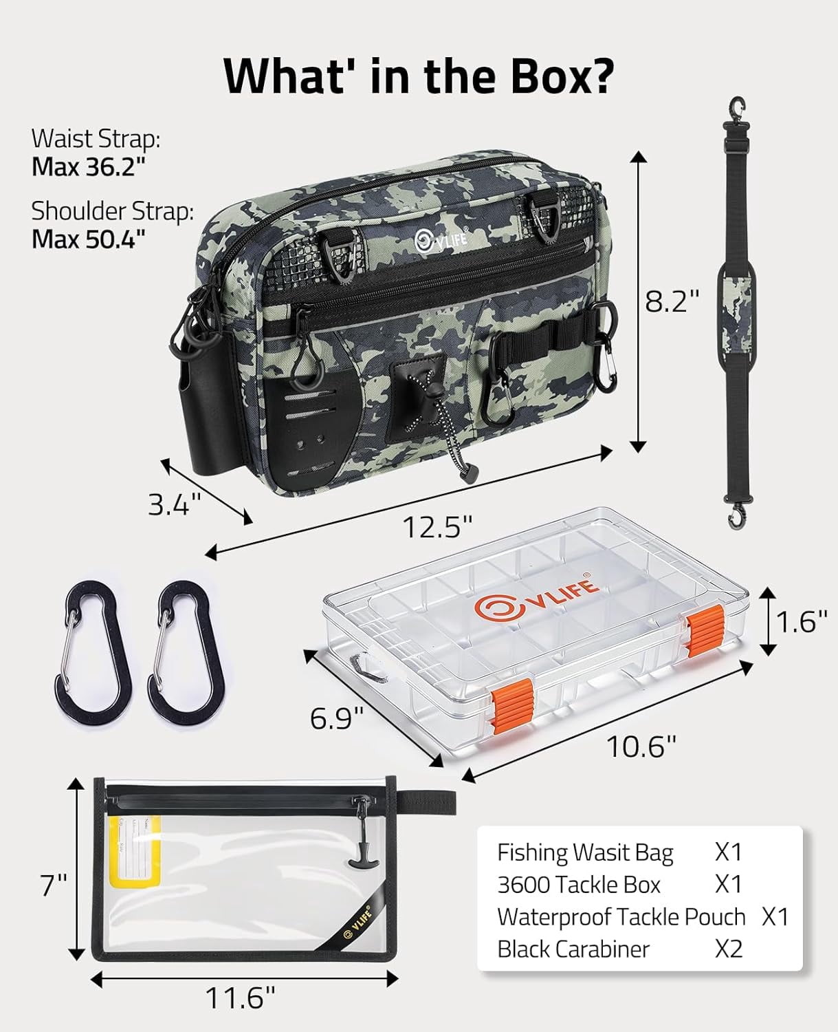 Fishing Tackle Bag Waist Pack with Rod Holder, Water Resistant Fanny Pack Includes 3600 Tackle Box, Waterproof Pouch & Carabiners