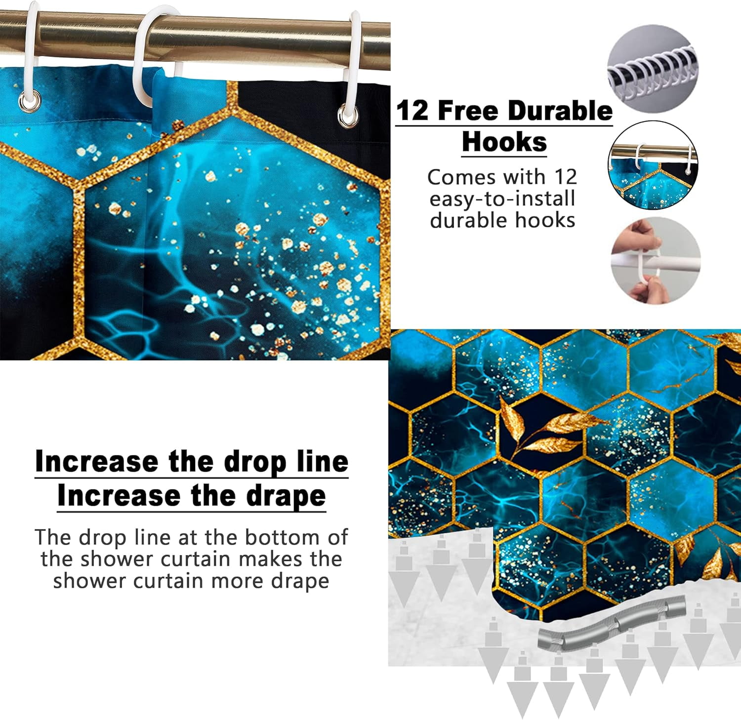 4 Pcs Bathroom Shower Curtain Set,Bathroom Sets with Rugs(Bath Mat,U Shape and Toilet Lid Cover Mat) and 12 Hooks,Sky Blue Honeycomb Marble
