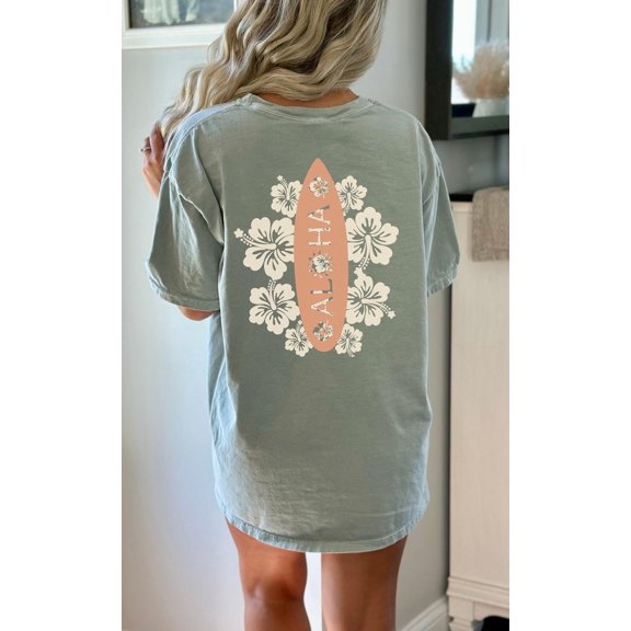 Summer Beach T-shirt : Aloha Flower Surf Board Graphic Tee in Fuzzy Peach Vacation Ready Top Summer Chill Vibes Unisex Garment-Dyed T-shirt