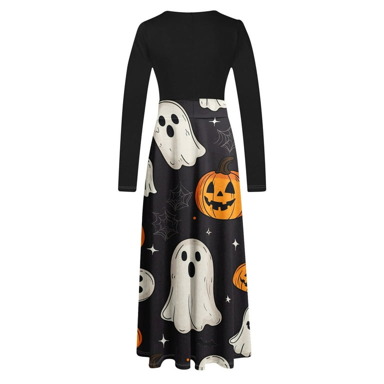 SwiftWear Spooky Season Maxi Dress for Women - Pumpkin Ghost Print Long Sleeve Dress Comfortable for Halloween & Daily Outings SwiftWear Spooky Season Maxi Dress for Women - Pumpkin Ghost Print Long Sleeve Dress Comfortable for Halloween & Daily Outings