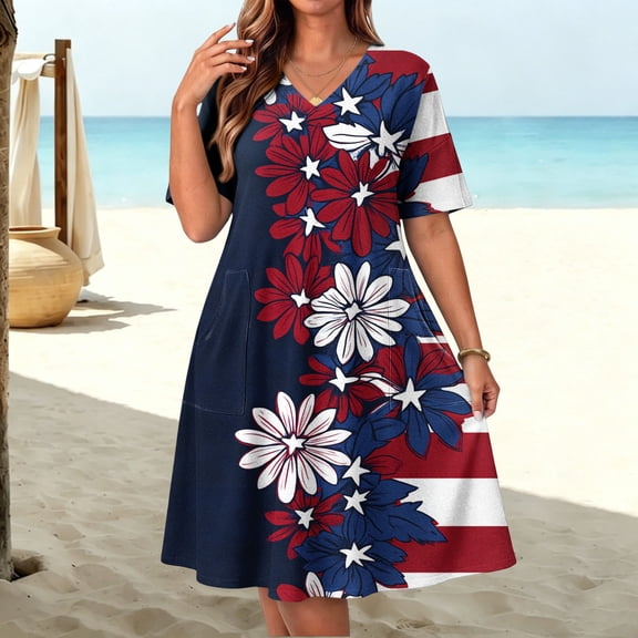 Ihhxva Dress for Women Plus Size Loose Fit Patriotic Floral with Pockets July 4th Casual Summer Tunic Button down Short Sleeve V Neck L-5XL