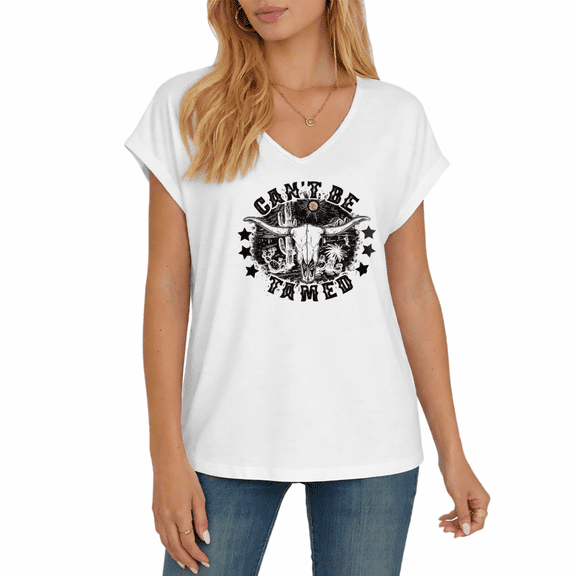 Cozymy Women's Can't Be Tamed Western Bull Skull Cactus Star Retro Cowgirl Graphic V-Neck Casual Short Loose T-Shirt Top