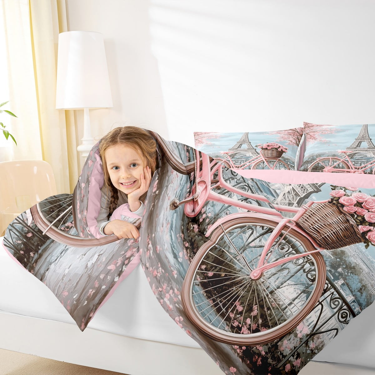 Manfei Paris Eiffel Tower Bedding Comforter Set for Girl, Pink Romantic Bike Twin Comforter Sets, Blossoms Flower Floral Reversible Bedding Set, Luxury Bedroom Decor, 2pcs