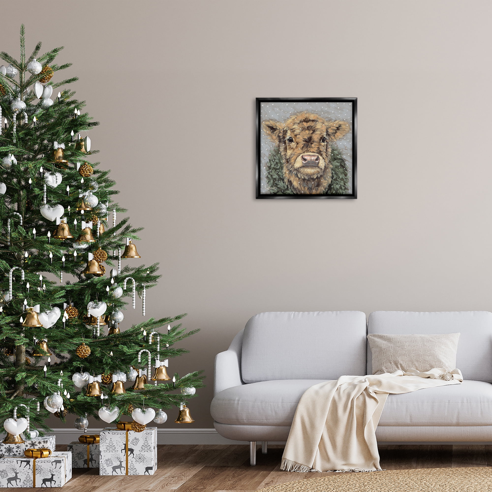 Stupell Industries Snowy Cattle & Wreath Animals & Insects Painting Black Floater Framed Canvas Art Print Wall Art, 25 x 25