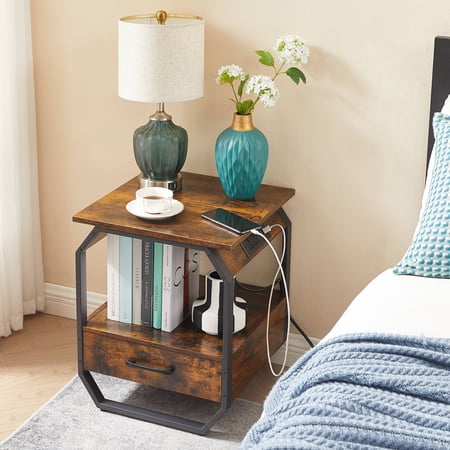 Paproos Side Table with Charging Station, Small Sofa End Table with USB Ports and Power Outlets, Bedside Table with Storage Drawer, Nightstand Couch Table for Bedroom Living Room, Rustic Brown