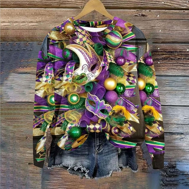 Chemises de Soirée pour Femmes Aguichant, Chandails en Molleton Mardi Gras Femmes Paillettes, T-Shirts Mardi Gras Femmes Masque Pailleté Graphique T-Shirt, T-Shirts Manches Longues Col Rond Carnaval T-Shirts de Fête Hauts de Carnaval
