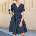 thumbnail image 4 of Vestido informal de mujer con cuello en V de algodón y lino elegante vestido sencillo hasta la rodilla Vestidos FLhrweasw Nuevo, 4 of 9