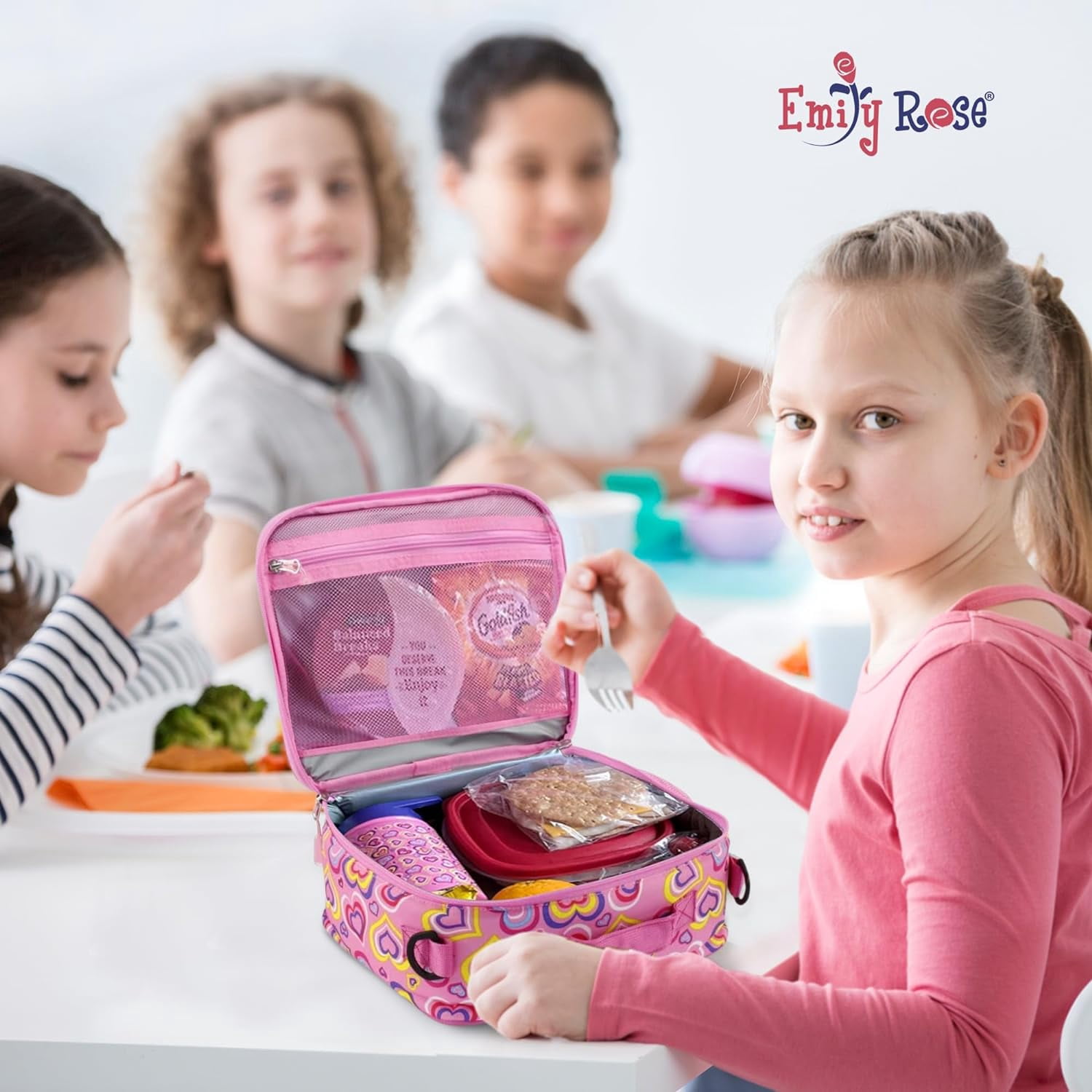 Emily Rose Playful Hearts Girls Lunch Box and Water Bottle Set