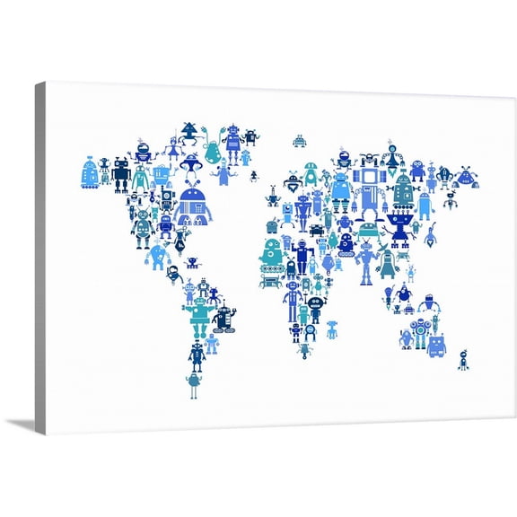 Great BIG Canvas | "Robot Map of the World Map" Canvas Wall Art - 48x32