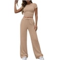 thumbnail image 2 of VBVC Women's 2 Piece Drawstring Sweatsuit Sets,Short Sleeve Crop Top and Wide Leg Pants For Women,Ladies Y2K Going Out Outfits with Pockets,Khaki,S-2XL, 2 of 8